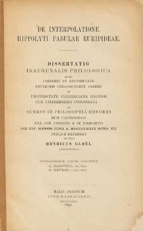 De interpolatione Hippolyti Fabulae Euripideae : (Haller Doctordiss.)