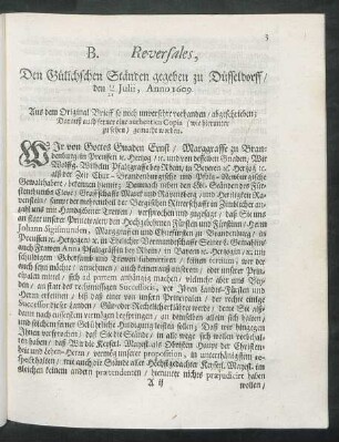 B. Reversales, Den Gülichschen Ständen gegeben zu Düsseldorff/ den 11/ 21 Julii, Anno 1609.