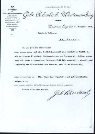 Firmenbriefkopf Achenbach (Gebr.), Weidenau/Sieg, Eisenconstruction u. Wellenblechkonstruktionen ...