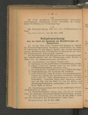 Polizeiverordnung über das Verbot der Benutzung von Motorfahrzeugen auf Wasserstraßen