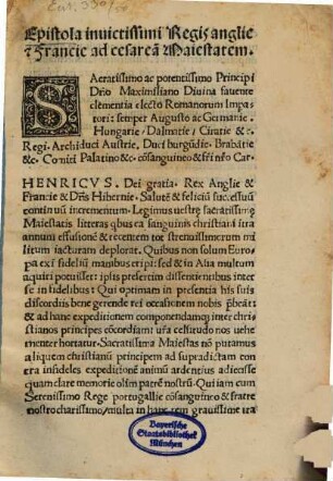 Epistola invictissimi Regis Angliae et Franciae ad Caesaream Maiestatem
