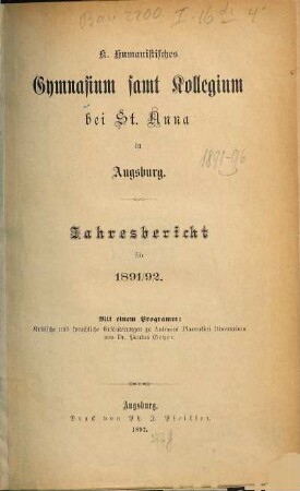 Jahresbericht. 1891/92 (1892)
