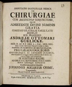 Disputatio Inauguralis Medica De Chirurgiae Cum Medicina Conjunctione