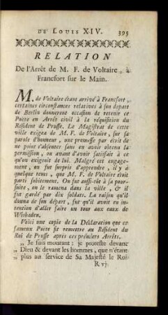 Relation De L'Arret de M. F. de Voltaire, à Francfort sur le Main