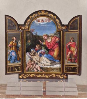 Tragbares Tabernakel, Pietà, heilige Cäcilie, heiliger Hermenegildus und Szenen eines Martyriums (Innenseite)