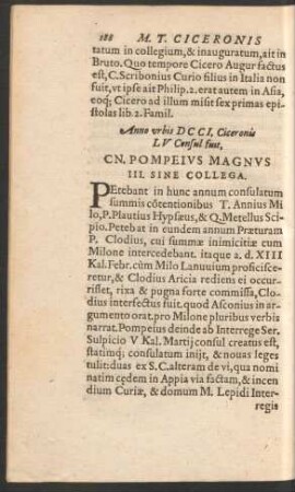 Anno urbis DCCI ... Cn. Pompeius Magnus III. Sine Collega.