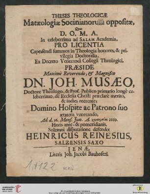 Theses Theologicae Mataeologiae Socinianorum oppositae