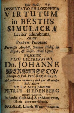 Diss. philos. virtutum in bestiis simulacra leviter adumbrans