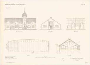 Kaserne Kaiser-Alexander-Gardegrenadier-Regiment (Am Kupfergraben), Berlin: Exerzierplatz: Grundriss 1:200, Längsschnitt, Querschnitt, Vorderansicht 1:100