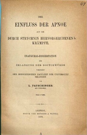 Der Einfluss der Apnoe auf die durch Strychnin hervorgerufenen Krämpfe : Inaugural-Dissertation