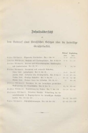 Inhaltsübersicht zu dem Entwurf eines Preußischen Gesetzes über die freiwillige Gerichtsbarkeit.