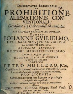 Diss. inaug. de prohibitione alienationis conventionali