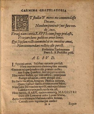 Carmina Syncharistika In Honorem Et Favorem Pietate Et Ervditione Ornatissimi Ivvenis D. Georgii Rappii : Cum ei summus in Philosophia gradus a Spectatae dignitatis & virtutis Decano Domino M. VVolffgango Franzio, Plauensi Varisco, Reverendo & Clarißimo Ss. Theol. Licentiato, in inclyta VVitebergensivm Academia decerneretur