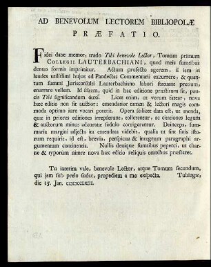 Ad Benevolum Lectorem Bibliopolae Praefatio