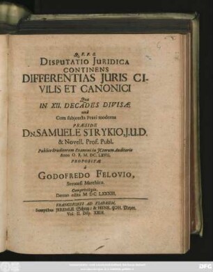 Disputatio Iuridica Continens Differentias Iuris Civilis Et Canonici
