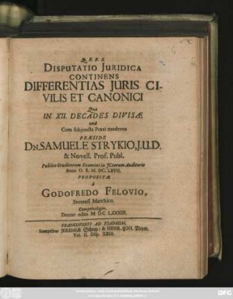 Disputatio Iuridica Continens Differentias Iuris Civilis Et Canonici