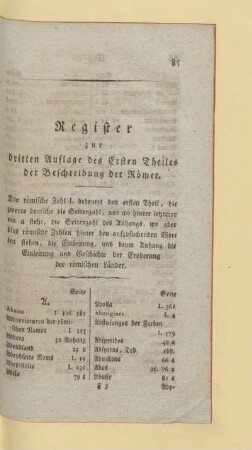 Register zur dritten Auflage des Ersten Theiles der Beschreibung der Römer
