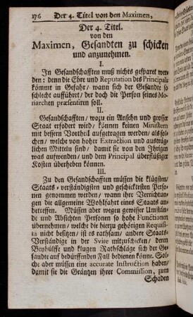 176-178, Der 4. Titel von den Maximen, Gesandten zu schicken und anzunehmen