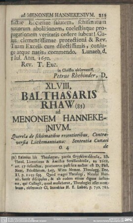 XLVIII. Balthasaris Rhaw ad Menonem Hannekenium