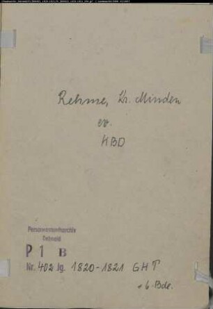 Kirchenbuchduplikat der evangelischen Gemeinde Rehme, Kreis Minden (GHT 1820-1821) (Gemeinde: Evangelische Gemeinde Rehme)