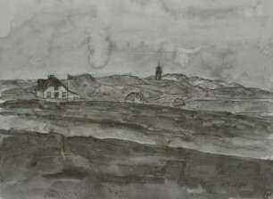 Landschaft mit drei Häusern und Leuchtturm