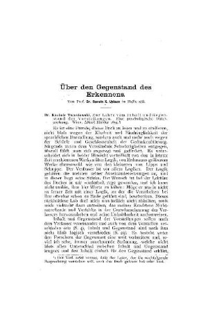 Über den Gegenstand des Erkennens