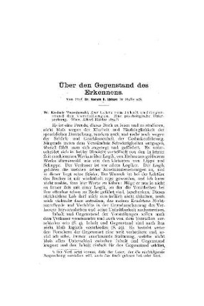 Über den Gegenstand des Erkennens