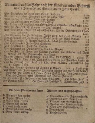 Allmanach auf das Jahr nach der Gnadenreichen Geburth unsers Heylands und Seeligmachers Jesu Christi.
