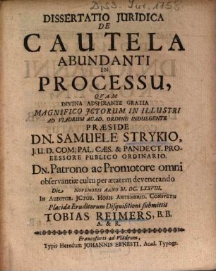 Dissertatio Juridica [Iuridica] De Cautela Abundanti In Processu