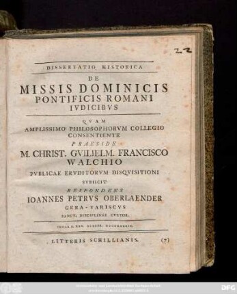 Dissertatio Historica De Missis Dominicis Pontificis Romani Ivdicibvs