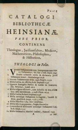 1-374, Catalogi Bibliothecae Heinsianae Pars Prior.