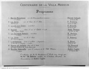 Konzertprogramm zur Hundertjahrfeier der Villa Medici in Rom