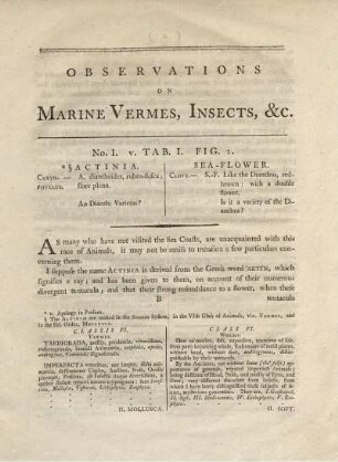 Observations on Marine Vermes, Insects, &c.