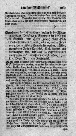 Berechnung der Luftmaschine, welche in der niederungarischen Bergstadt zu Schemnitz bey der Amaliä Schacht vom Herrn Joseph Karl Höll, Oberkunstmeistern, erfunden, erbauet, und im Jahr 1753. den 23 März ist angelassen worden.
