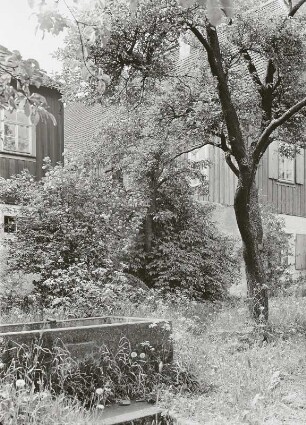 Wasserbecken im parkähnlichen Garten. Blick zum Wohnstall- und Wohnhaus