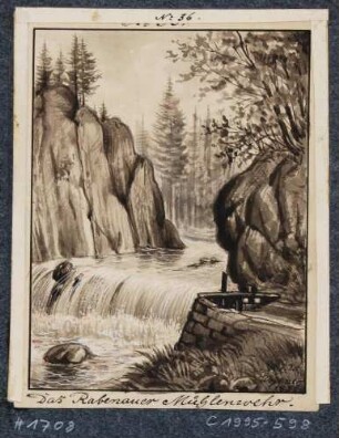 Das Rabenauer Mühlenwehr in der Roten Weißeritz, Nr. 36 aus J. F. W. Wegeners Mappe "Die rothe Weißeritz", 2. Teil, von 1837