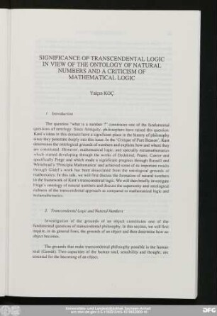 Significance Of Transcendental Logic In View Of The Ontology Of Natural Numbers And A Criticism Of Mathematical Logic Yalçın Koç