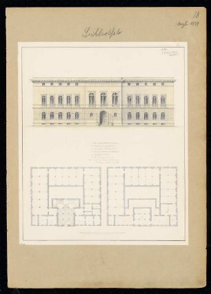 Bibliothek, Berlin Monatskonkurrenz Dezember 1839: Grundriss Erdgeschoss, Obergeschoss, Aufriss Vorderansicht; Maßstabsleiste, Raumplan