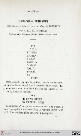 Sér. 2: Inscriptions tumulaires recueillies à Tébessa pendant l'année 1873 - 1874