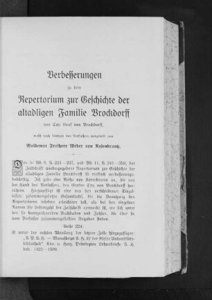 Verbesserungen zu dem Repertorium zur Geschichte der altadligen Familie Brockdorff von Cay Graf von Brockdorff