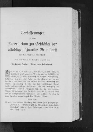 Verbesserungen zu dem Repertorium zur Geschichte der altadligen Familie Brockdorff von Cay Graf von Brockdorff