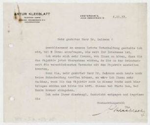Brief von Artur Kleeblatt, Amsterdam an Erich Salomon
