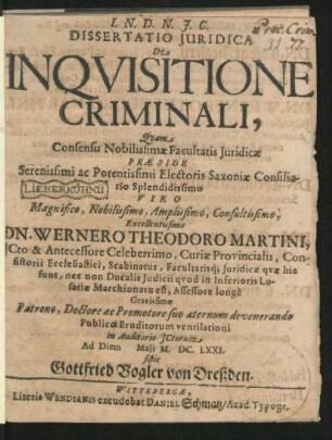 Dissertatio Iuridica De Inquisitione Criminali