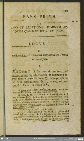 Pars Prima, De Deo Et Relatione Hominum Ad Deum Quoad Felicitatem Suam