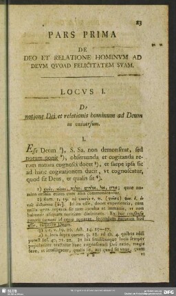 Pars Prima, De Deo Et Relatione Hominum Ad Deum Quoad Felicitatem Suam