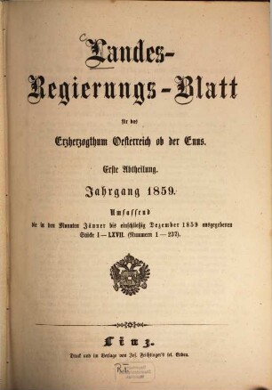 Landes-Regierungsblatt für das Erzherzogthum Oesterreich ob der Enns. 1859,1/2