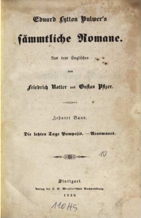 Eduard Lytton Bulwer's sämmtliche Romane, 10. Die letzten Tage Pompejis. Arasmanes