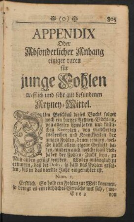 Appendix Oder Absonderlicher Anhang einiger raren für junge Fohlen trefflich und sehr gut befundenen Artzney-Mittel.