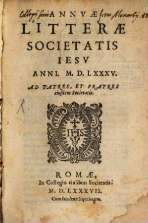 Annuae litterae Societatis Jesu : anni ... [4.] 1585 (1587)