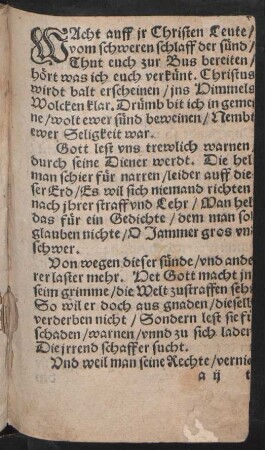 WAcht auff jr Christen Leute/ || vom schweren schlaff der sünd/ ||